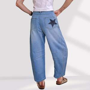 Women's Mid-Rise Star Printed Balloon Jeans Vintage Baggy Horseshoe Breathable <b>Y2K</b> Style Ankle <b>Pants</b> with Logo on Waist - Product Image 1