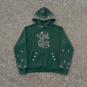 Sweat à capuche de luxe brodé de strass, personnalisé, coupe oversize, délavé à l'acide, style streetwear, en tissu éponge pour homme - Product Image 4