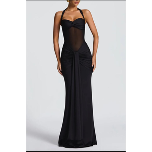 Robe longue sirène élégante noire à empiècements en résille, une robe de soirée glamour moulante avec une ceinture transparente en résille. - Product Image 6