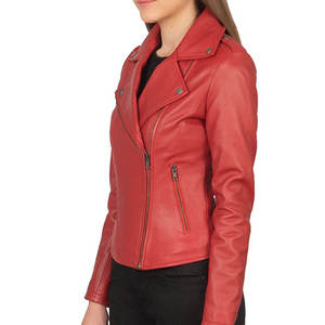 Chaqueta de Moto para Mujer, de Cuero Vacuno Genuino, Resistente al Viento, Color Rojo, Manga Larga, Cierre de Cremallera, Cuello Camisero, Estilo Invernal - Product Image 4