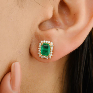 18K Solid Gold Oval Cut <b>Emerald</b> & Diamond Halo <b>Stud</b> <b>Earrings</b> - Product Image 1