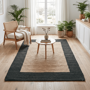 Tapis d'intérieur en jute tissé à la main avec bordure noire 8' x 10' pour salon, décoration moderne scandinave et urbaine - Product Image 1