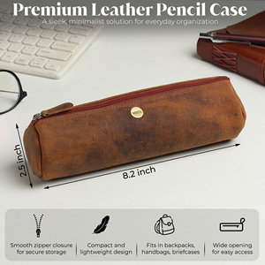 WRIZA Handcrafted Genuine Leather Solid <b>Medium</b> Vintage Brown Zipper Pen Pencil <b>Case</b> Daily Use Stationery Organizer for Office - Product Image 4