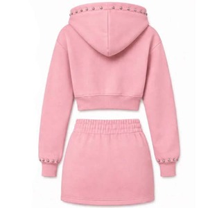 Ensemble sweat-shirt court rose à capuche pour femme avec détails en strass et jupe assortie, tenue décontractée pour femme - Product Image 2