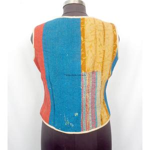 Elegant Handmade Eco-Friendly Breathable Cotton <b>Kantha</b> V-Neck Women's Waistcoat Winter Short <b>Jacket</b> Vest Button Closure - Product Image 4