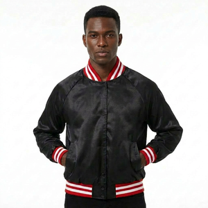 Men's Black Bomber Jacket Red White Trim <b>Turn</b>-down Collar Regular Fit Casual Style Genuine Leather Breathable Windproof Vintage - Product Image 1