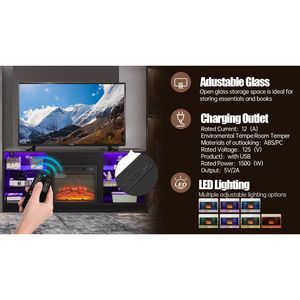 Mobile TV con Camino Elettrico, Ripiani in Vetro e Luci LED, Effetto Legno 3D, Presa USB, Arredamento Moderno per la Casa - Product Image 4