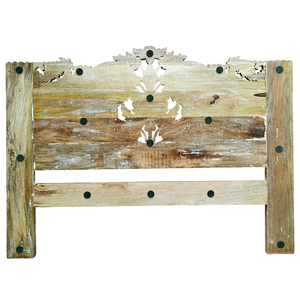 Cabecera de Cama Queen Size de Madera de Mango Sólida con Tallado Artístico, Diseño de Flores Talladas, Estilo Rústico, Acabado Natural - Product Image 4