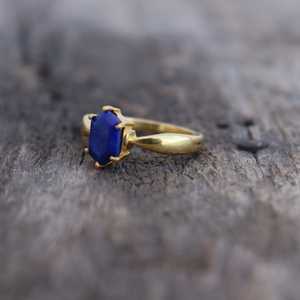 Natural Lapis Lazuli Signet <b>Ring</b> Hexagon Cut 925 Sterling Silver 14K Gold Plated Engagement <b>Statement</b> <b>Ring</b> - Product Image 2