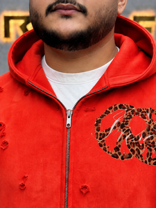 Sudadera con capucha roja desgastada con cremallera completa para hombre, estilo oversize, con estampado de leopardo y logo, estilo streetwear, de algodón y felpa. - Product Image 6