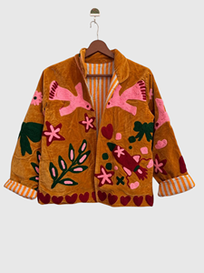 Veste en velours brodée à la main avec appliques florales, grande taille, pour femme, style Prairie Chic, manches longues, col rabattu, idéale pour l'automne - Product Image 1