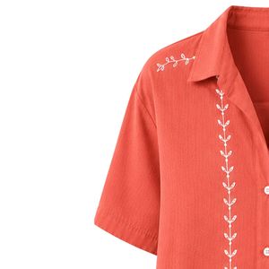 Customized Coral Embroidered Women Crop Shirt Short Sleeve Button Down Casual Summer Blouse Custom Logo <b>Linen</b> Blend Fashion <b>Top</b> - Product Image 3