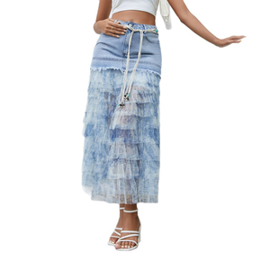 Falda vaquera de estilo urbano con personalidad, falda midi de verano con malla y patchwork floral para mujer - Product Image 1