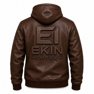 Luxury Style Unisex Embossed PU Leather Hoodie <b>Jacket</b> | Premium Full Zip Hooded Bomber Winter <b>Rhinestone</b> Design - Product Image 2