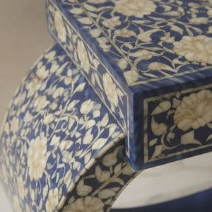 <b>Blue</b> Mother of Pearl Inlay Nightstand Carved End <b>Table</b> Decorative <b>Bedside</b> Cabinet Floral Pattern - Product Image 4