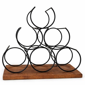 Porte-bouteilles en métal vintage avec base en bois |   Support à vin à trois niveaux pour comptoir, cuisine, bar ou table à manger - Product Image 1