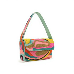 Bolso de Hombro Personalizable con Bordado de Cuentas, Estilo Bohemio para Mujer, Patrón Colorido, Correa Única, Cierre de Solapa, para Uso Diario en Todas las Estaciones - Product Image 1