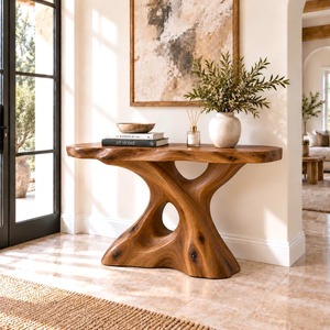 Console moderne rustique en bois massif, design à base croisée fait main, pour entrée et salon - Product Image 1