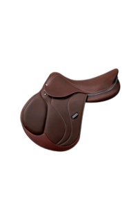 Silla de montar inglesa de cuero marrón para doma y salto, con estructura de madera, personalizable, con ribete color canela y herrajes de latón. - Product Image 2