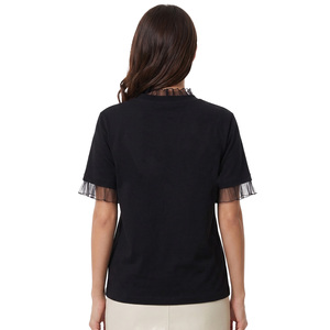 Chemisier décontracté noir uni en coton pour femme avec bordure à volants, logo personnalisé en strass étincelants, coupe régulière, col rond - Product Image 2