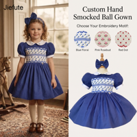 Robe de bal d'été pour fille, style anglais, brodée main, bleu roi, collection britannique royale, motif floral personnalisé, modèle héritage