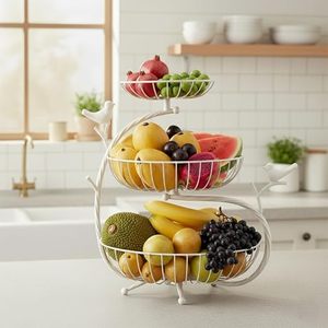 Three Tier Wire Fruit <b>Basket</b> Storage Rack Round Modern Kitchen Stand Type White Metal Wire Non Folding <b>Stackable</b> Fruit Holder - Product Image 3