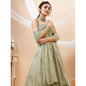 Superbe Sangeet brodé en vert Pista Semi-Cousu Vêtements Lehenga Choli par Zeel - Product Image 4