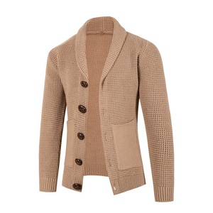 <b>Men's</b> Waffle‑Knit Shawl Collar <b>Cardigan</b> Soft Acrylic Polyester Nylon Tri-Blend Button‑Up Sweater with Front Pockets for Autumn - Product Image 4
