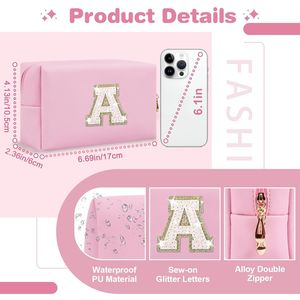 Borsa per il Trucco Personalizzata con Iniziale A-Z in Pelle PU Rosa Glitterata, Graziosa Piccola Custodia per Cosmetici da Viaggio per Ragazze Adolescenti - Product Image 2