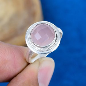 Handmade Pink Chalcedony Round Shape Gemstone <b>Ring</b> <b>925</b> Sterling <b>Silver</b> - Product Image 1