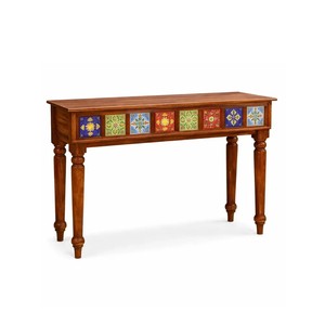 Traditional Solid Wood <b>Console</b> <b>Table</b> | Vintage Turned Leg Wooden <b>Console</b> <b>Table</b> | Hand Painted Tile Accent Entry <b>Table</b> - Product Image 2