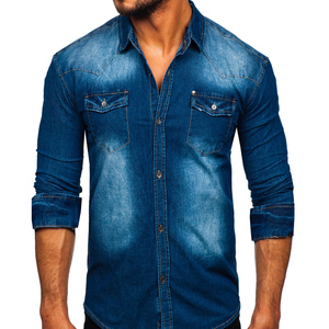 Camisa de mezclilla azul para hombre al por mayor, manga larga, corte ajustado, cuello vuelto, botones frontales, bolsillos en el pecho, costuras decorativas, 2026 - Product Image 6