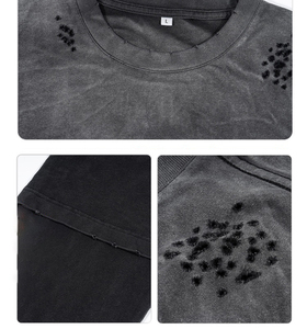 เสื้อยืดแขนยาวผู้ชายคุณภาพสูง ออกแบบโลโก้ได้ตามต้องการ สไตล์วินเทจ ขาดๆ แบบดิสเทรส ซักย้อมสีแบบ Stone Acid Wash ผ้าสองชั้น - Product Image 3