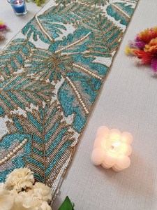 Handmade Oriental Fabric <b>Table</b> <b>Runner</b> Irregular Shape <b>Teal</b> Floral Design Luxury Style Ali Fashion Art AFA01 Eco-Friendly Durable - Product Image 6