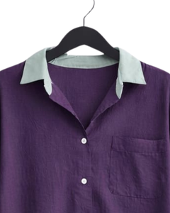 Conjunto de pijama de lino y algodón para mujer, color morado, camisa con botones y bolsillo en el pecho y pantalones con cordón, conjunto de ropa de dormir informal - Product Image 5