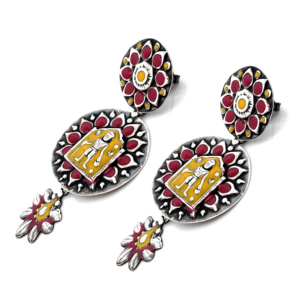 Boucles d'oreilles clous motif tribal en argent sterling 925 émaillé rouge et jaune, faites à la main, design exclusif Silver Mountain SKU7541 - Product Image 3