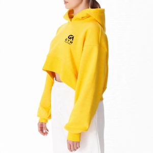 Sudadera con capucha para mujer GYM ACTIVE, amarilla, de manga larga, color sólido, informal, de forro polar, con logo frontal, estilo crop top. - Product Image 4