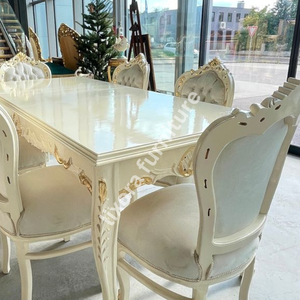 Ensemble de table à manger de luxe artisanal blanc et or pour 6 personnes, décor victorien orné et sculpté, finition brillante - Product Image 4