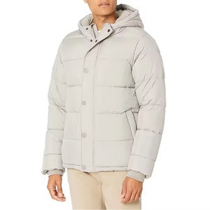 Men's Light Gray Hooded Puffer <b>Jacket</b> Casual Winter Wear Polyester Shell Windproof Regular Fit Button Closure - Product Image 1