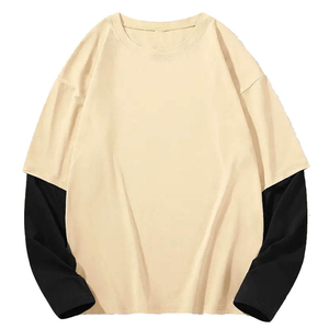 Camiseta de manga larga oversize para hombre con bloques de color, cuello redondo, diseño casual de algodón liso, ribete en contraste, ajuste ceñido y doble manga. - Product Image 1