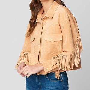 Blouson Bomber Rose en Cuir Véritable Imperméable à Franges, Col Montant, Manches Longues, Longueur Standard, Hiver Automne, pour Femme, Finition Soignée - Product Image 3