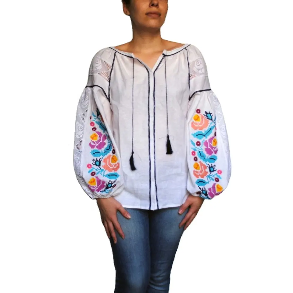 Women's spring blouses & shirts Cross Stitch Embroidered Romanian Blouses Cotton Summer Clothing vintage romanian blouse boho