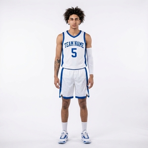 Ensemble de maillots de basket-ball personnalisés blancs et bleus en gros, sans manches, col en V, sublimés, séchage rapide, uniforme d'équipe pour hommes, fabriqué au Pakistan - Product Image 1