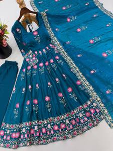 <b>Teal</b> Floral Embroidered Anarkali <b>Suit</b> <b>Women</b> Floor-Length Traditional Indian Ethnic Wedding Dress Loose Fit Rayon - Product Image 3