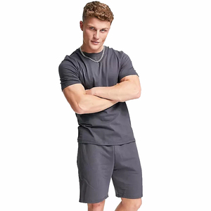 Conjunto Deportivo de Algodón Gris para Hombre, Manga Corta, Cuello Redondo, Color Sólido, Pantalones Cortos Casuales de Verano, Corte Regular, Ligero y Transpirable - Product Image 1