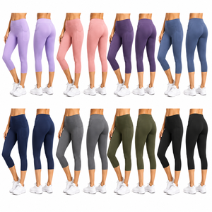 Leggings de yoga capri personnalisés pour femmes, taille haute, extensibles dans 4 directions, poches latérales, séchage rapide, respirants, polyester/nylon, OEM - Product Image 2