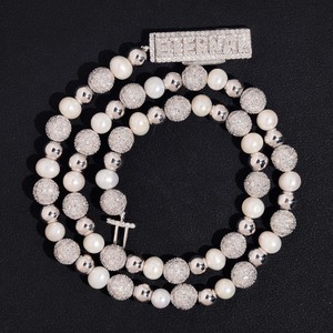 CH015 Luxury Moissanite Pearl <b>Bead</b> 8mm Prong Setting Necklace <b>Set</b> Iced Hip Hop Jewelry 925 Sterling Silver Gold - Product Image 3