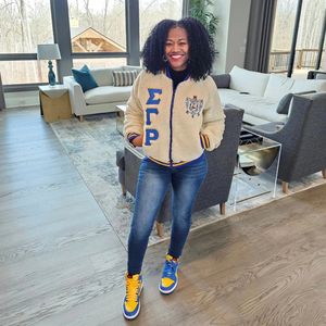 Sigma Gamma Rho <b>Sherpa</b> Bomber Jacket Warm Fleece Varsity Style Zip-Up Outerwear Casual Winter Jacket Ribbed Collar Cuffs Custom - Product Image 1