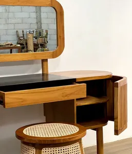 Table de toilette en teck avec miroir ovale et tabouret en rotin tressé pour chambre à coucher - Product Image 3