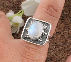 925 Sterling <b>Silver</b> Bezel Setting Rainbow Moonstone Handmade Classic <b>Boho</b> Dainty Solitaire Wedding <b>Ring</b> Certified Jaipur - Product Image 1